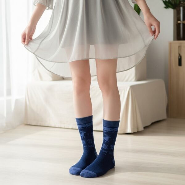 Navy Blue Winter Woolen Socks with Reindeer Design – Warm & Soft Thermal Socks - Image 3