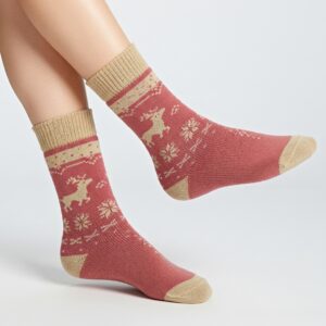 Pink & Beige Reindeer Woolen Socks – Warm, Soft & Stylish Winter Socks