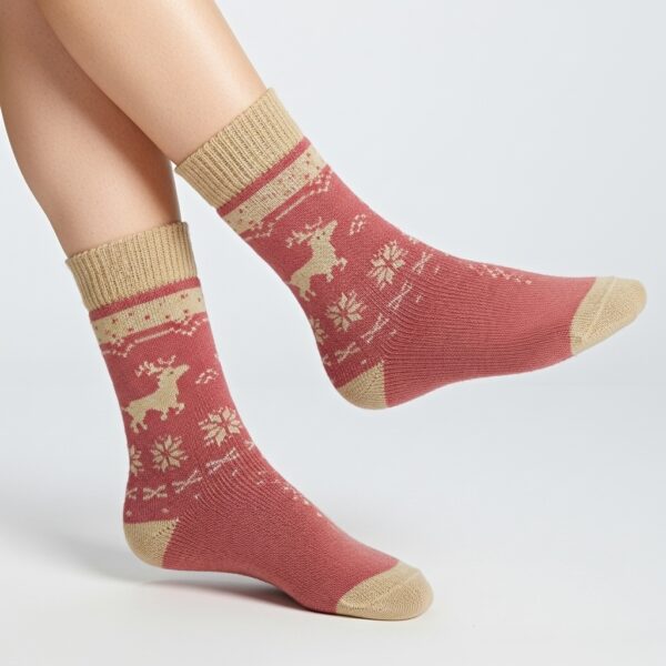Pink & Beige Reindeer Woolen Socks – Warm, Soft & Stylish Winter Socks