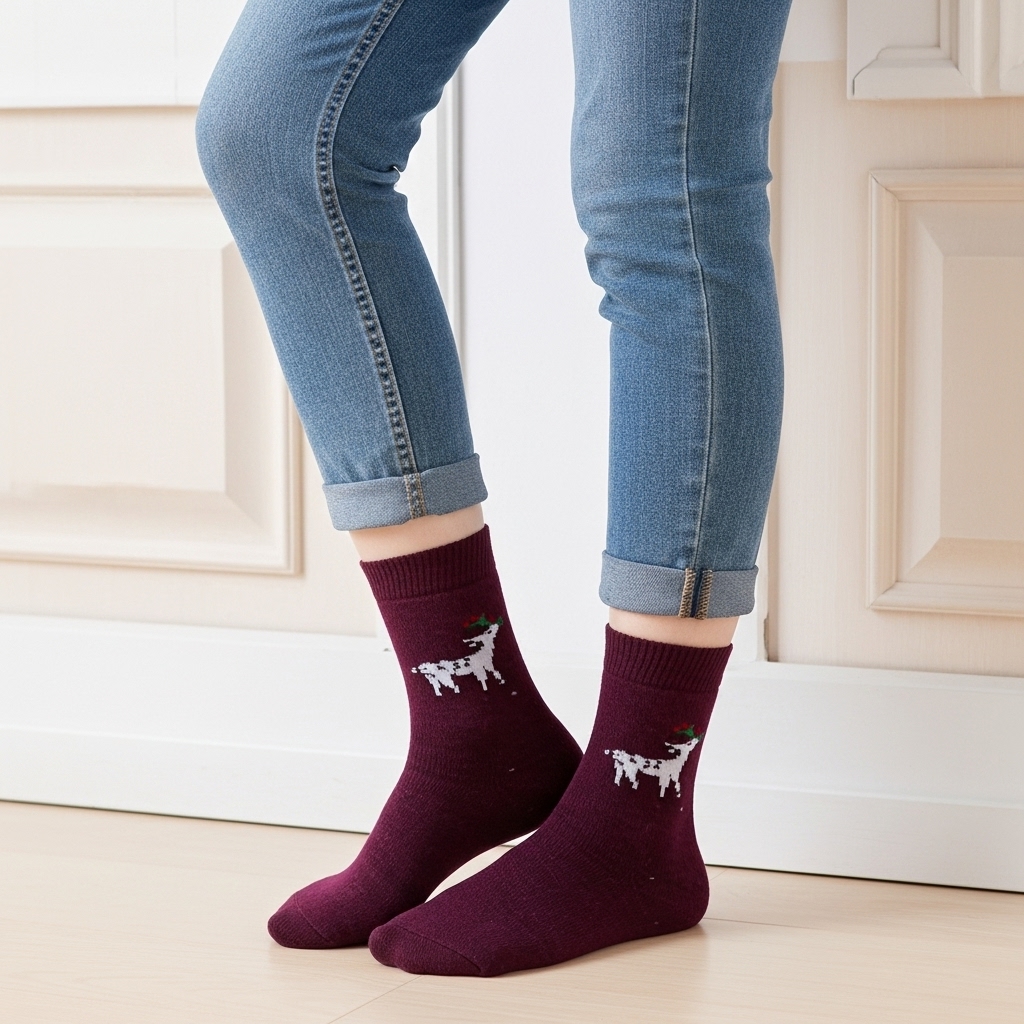 Reindeer Wool Winter Socks – Soft Warm Thermal Socks (Maroon) - Image 3
