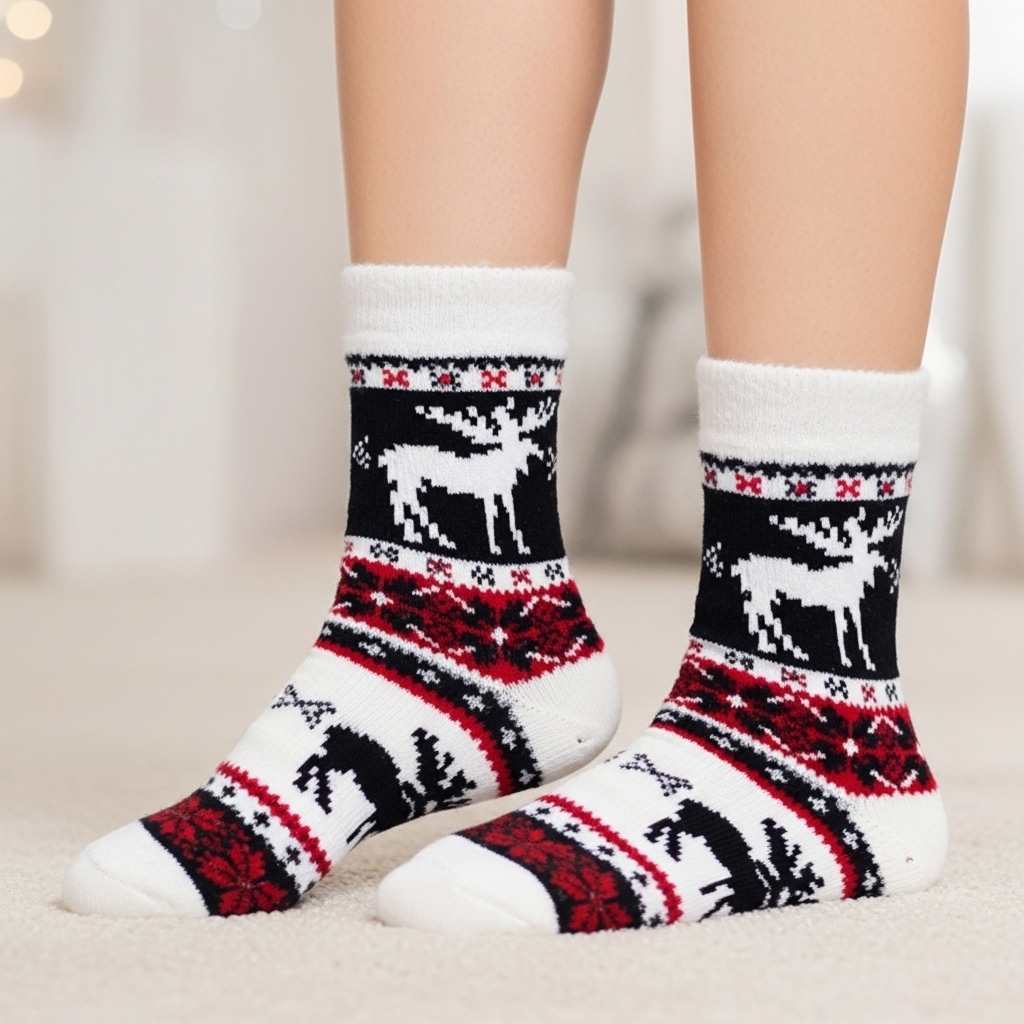 Winter Woolen Socks with Reindeer Design - Warm, Fuzzy & Stylish Christmas Knit Socks