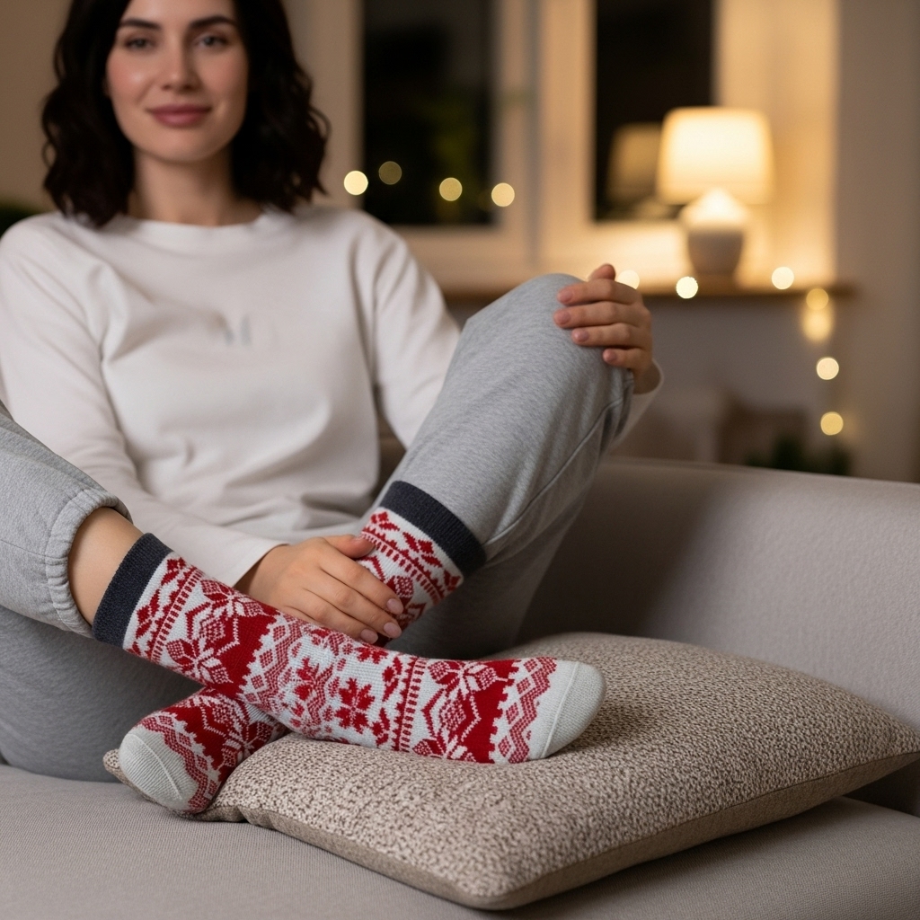 Warm Woolen Winter Socks for Women - Red and Grey Snowflake Design