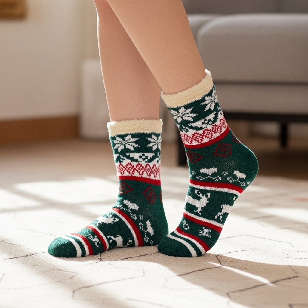 Festive Winter Woolen Crew Socks – Fleece-Lined, Warm & Cozy Christmas Design