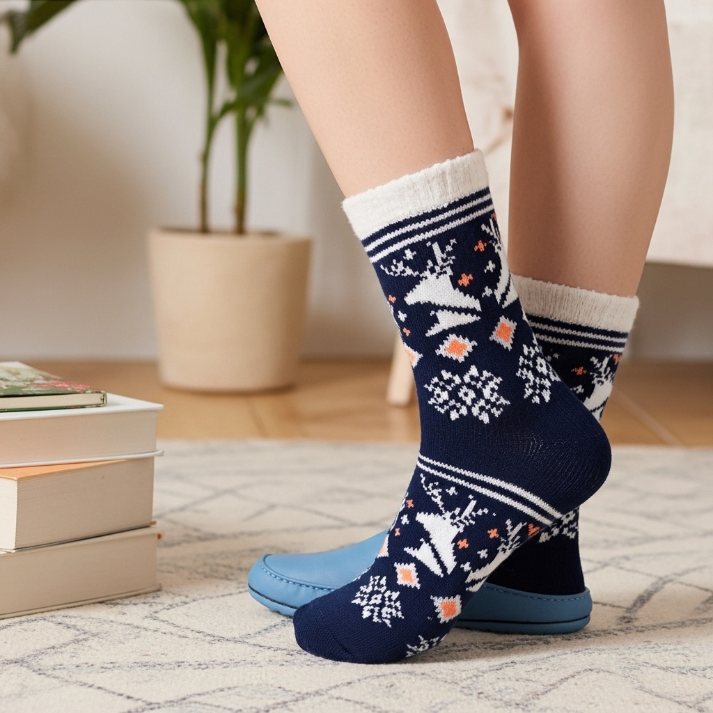 Navy Blue Woolen Crew Socks – Fleece-Lined Reindeer & Snowflake Knit Design - Image 4