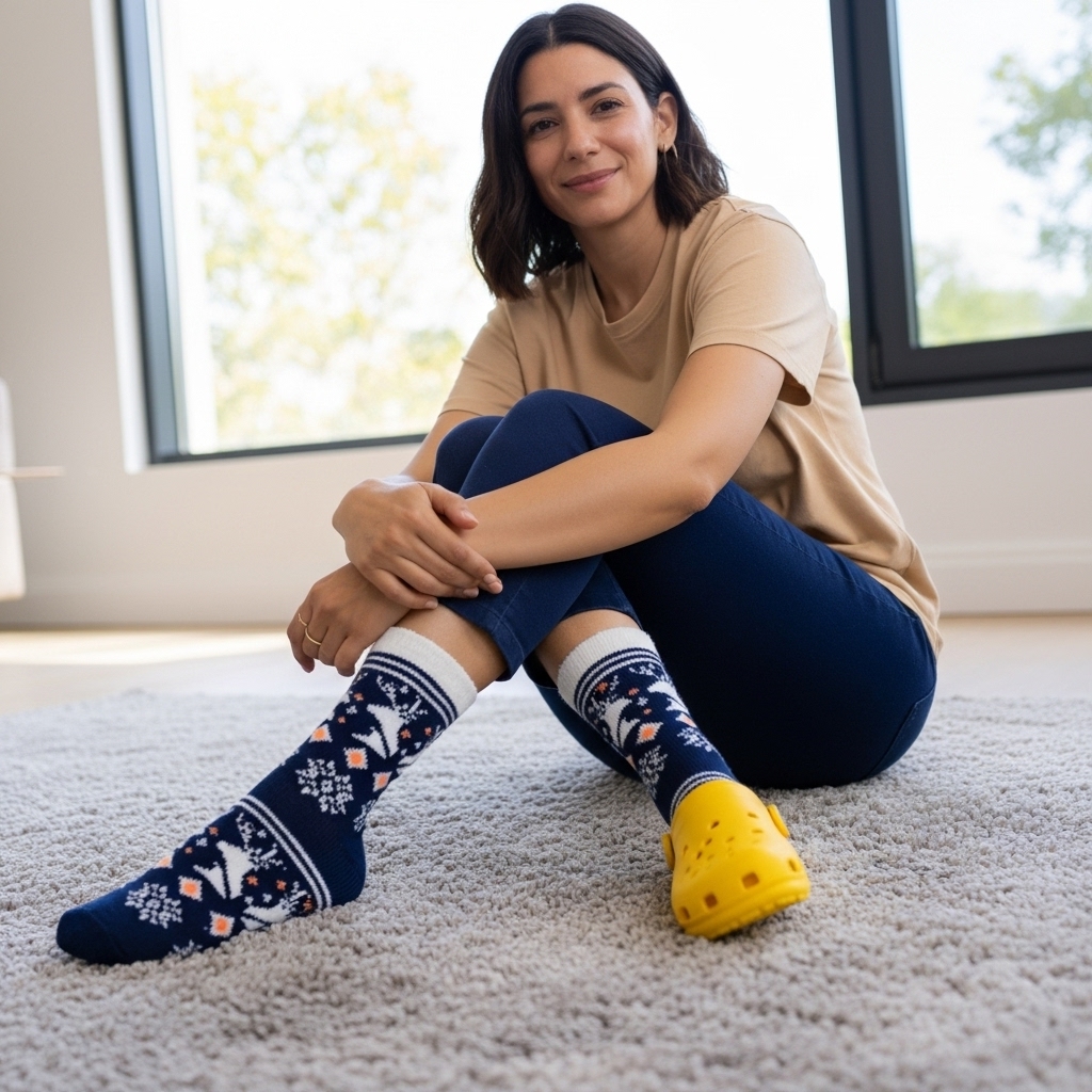 Navy Blue Woolen Crew Socks – Fleece-Lined Reindeer & Snowflake Knit Design - Image 3