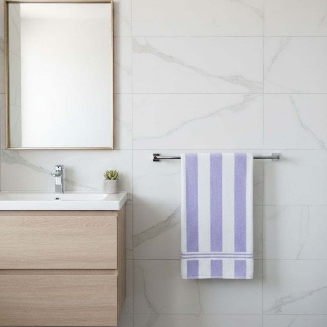 Lavender & White Striped Design Bath Towel – 300 GSM (145×75 cm) | Lightweight Everyday Towel for Home, Gym & Travel
