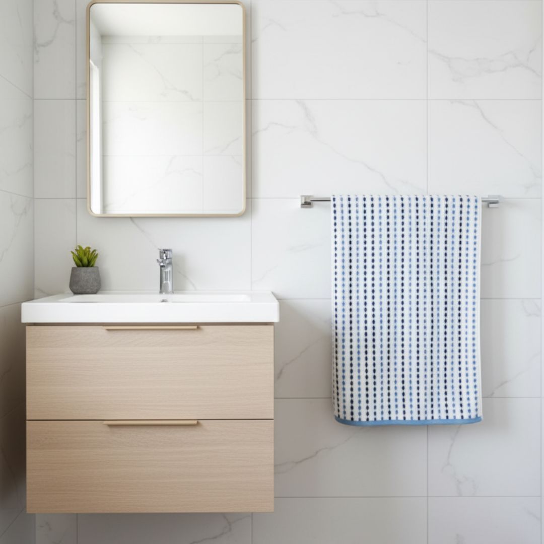 Blue & White Dotted Design Cotton Bath Towel – 460 GSM, (135×75 cm) | Lightweight & Absorbent Towel for Everyday Use