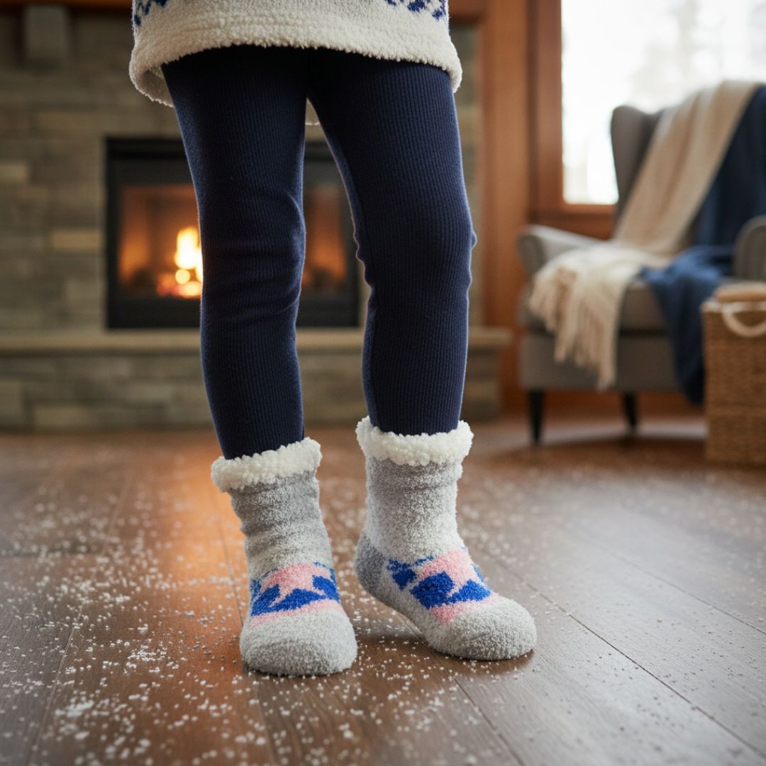 Ultra-Soft Plush Fleece Cozy Socks in Grey with Knit-In Winter Motif and Fluffy Sherpa Cuff