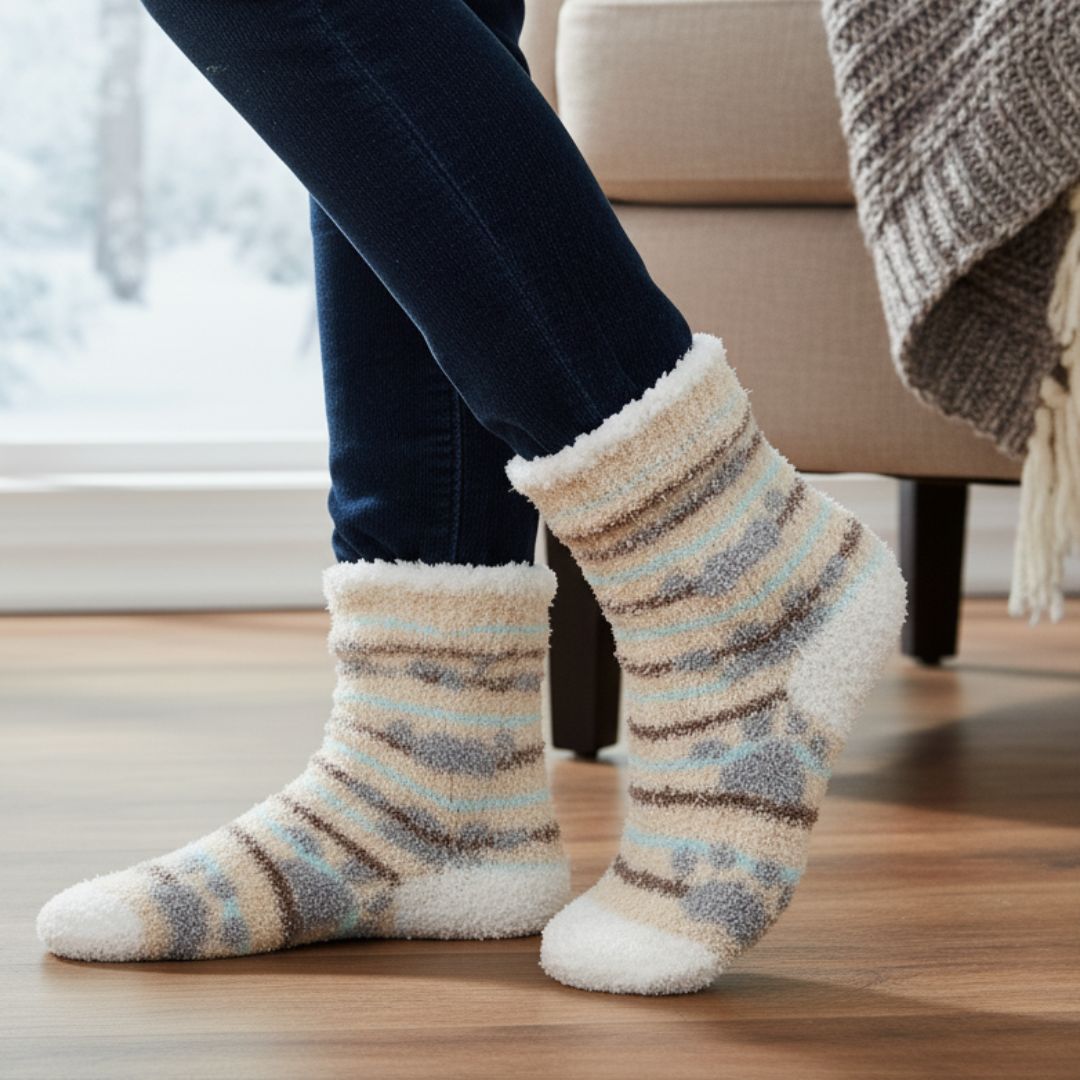 Luxurious Plush Fleece Cozy Socks in Neutral/Blue Stripes with Sherpa Lining – Ultimate Winter Loungewear