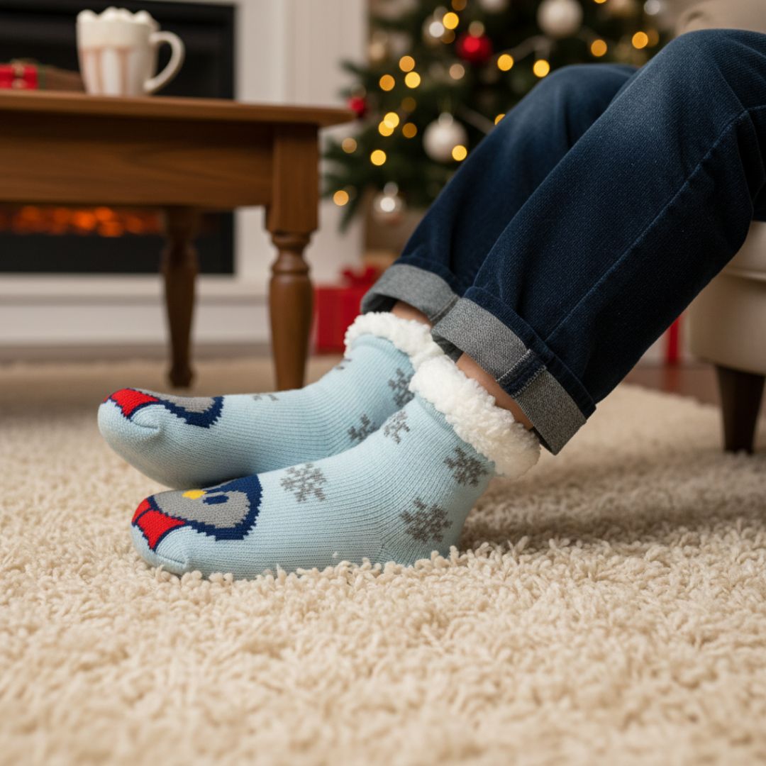 Cozy Knit Slipper Socks in Light Blue with Snowflake Pattern, Character Toe, and Fluffy Sherpa Cuff
