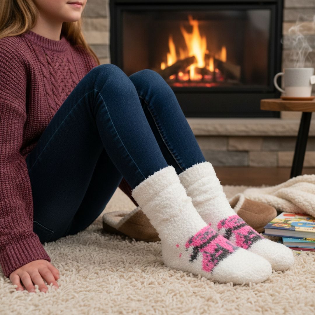 Cozy Socks in White with Festive Knit Pattern and Plush Cuff – Fireside Loungewear
