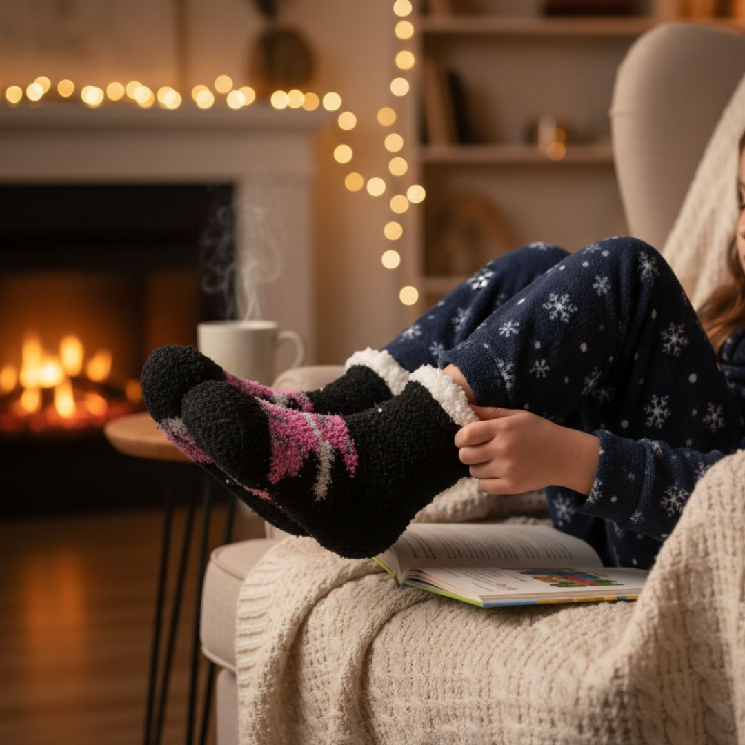Ultra-Soft  Cozy Socks in Black with Pink/White Winter Pattern and Sherpa Cuff