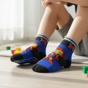 Breathable Cotton Kids' Anti-Skid Socks with Full Grip Sole and Bold Character Design