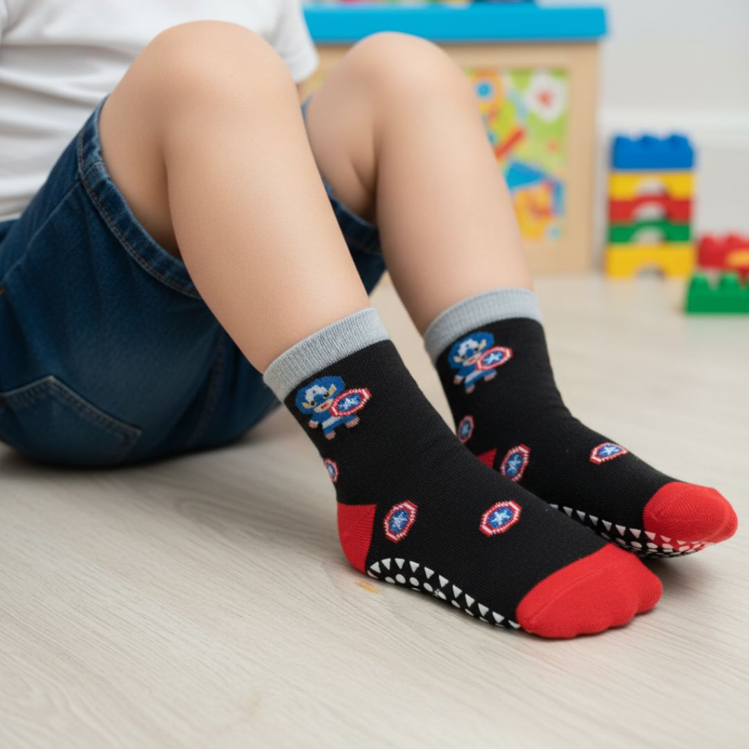 Kids' Anti-Skid Socks in Black/Red with Shield Print, Full Grip Sole