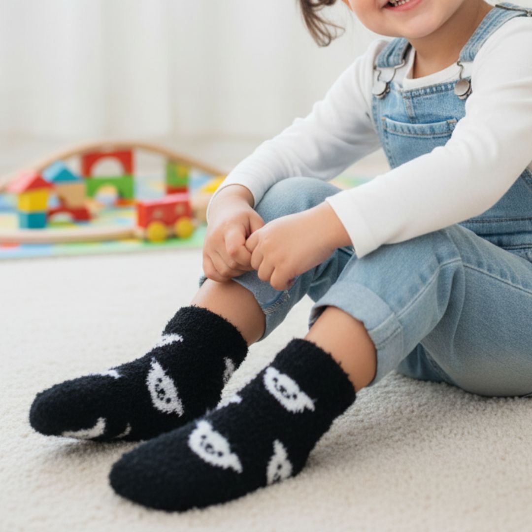 Ultra-Soft Thermal Knit Cozy Socks in Deep Black with Cute Pattern – Perfect for Winter Home Wear