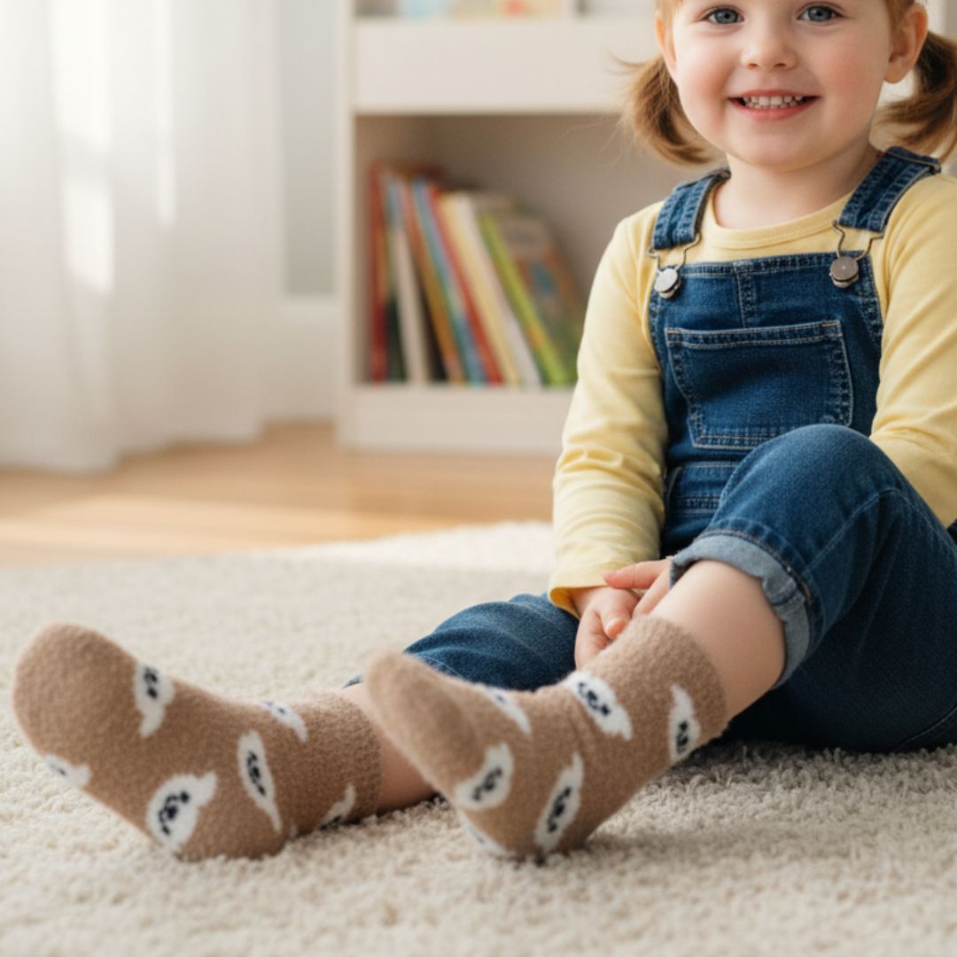 Cozy Brown Knit Fuzzy Socks with Deer Pattern-Perfect for Winter Home Wear