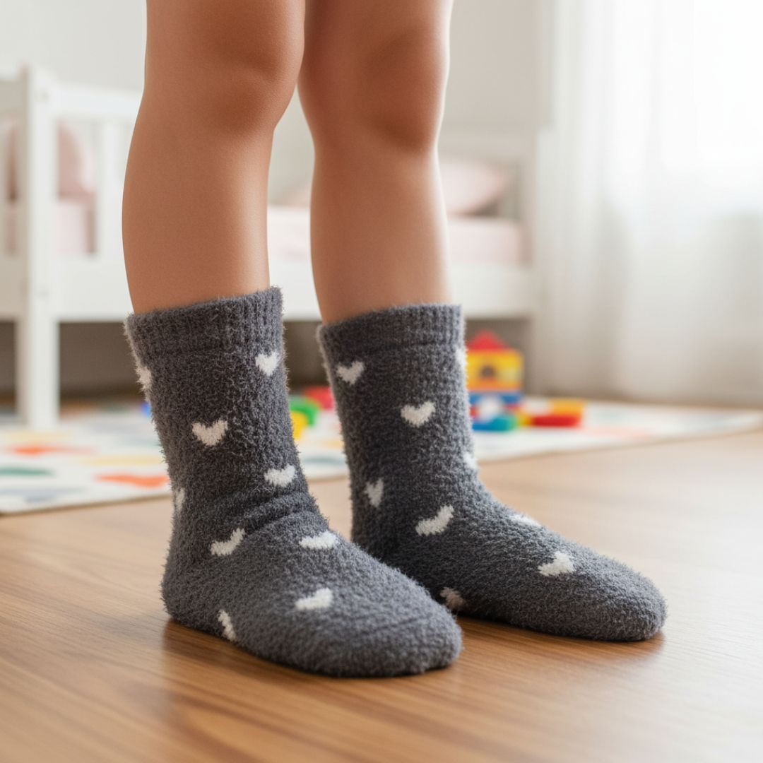 Fuzzy Grey Slipper Socks with White Hearts