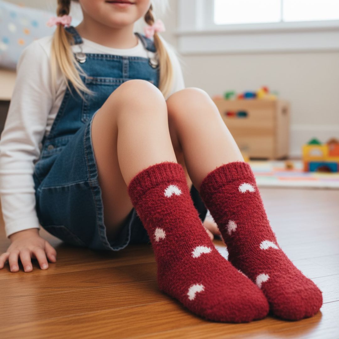 Thermal Knit Cozy Socks in Festive Red with Charming White Heart Motif – Perfect for Winter Home Wear