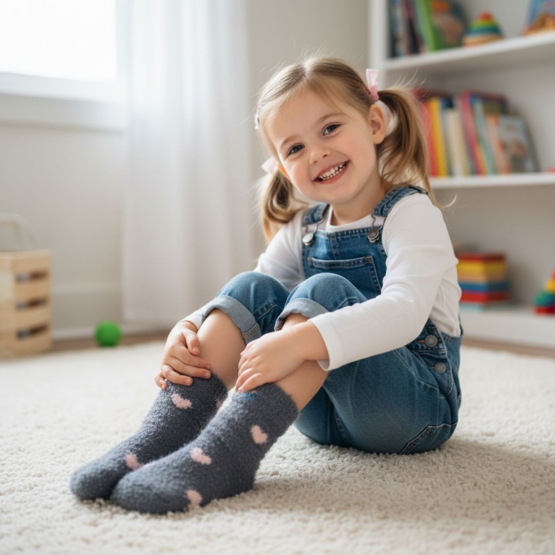 Plush Grey & Pink Heart Fuzzy Socks | Cozy Kids Socks Crew