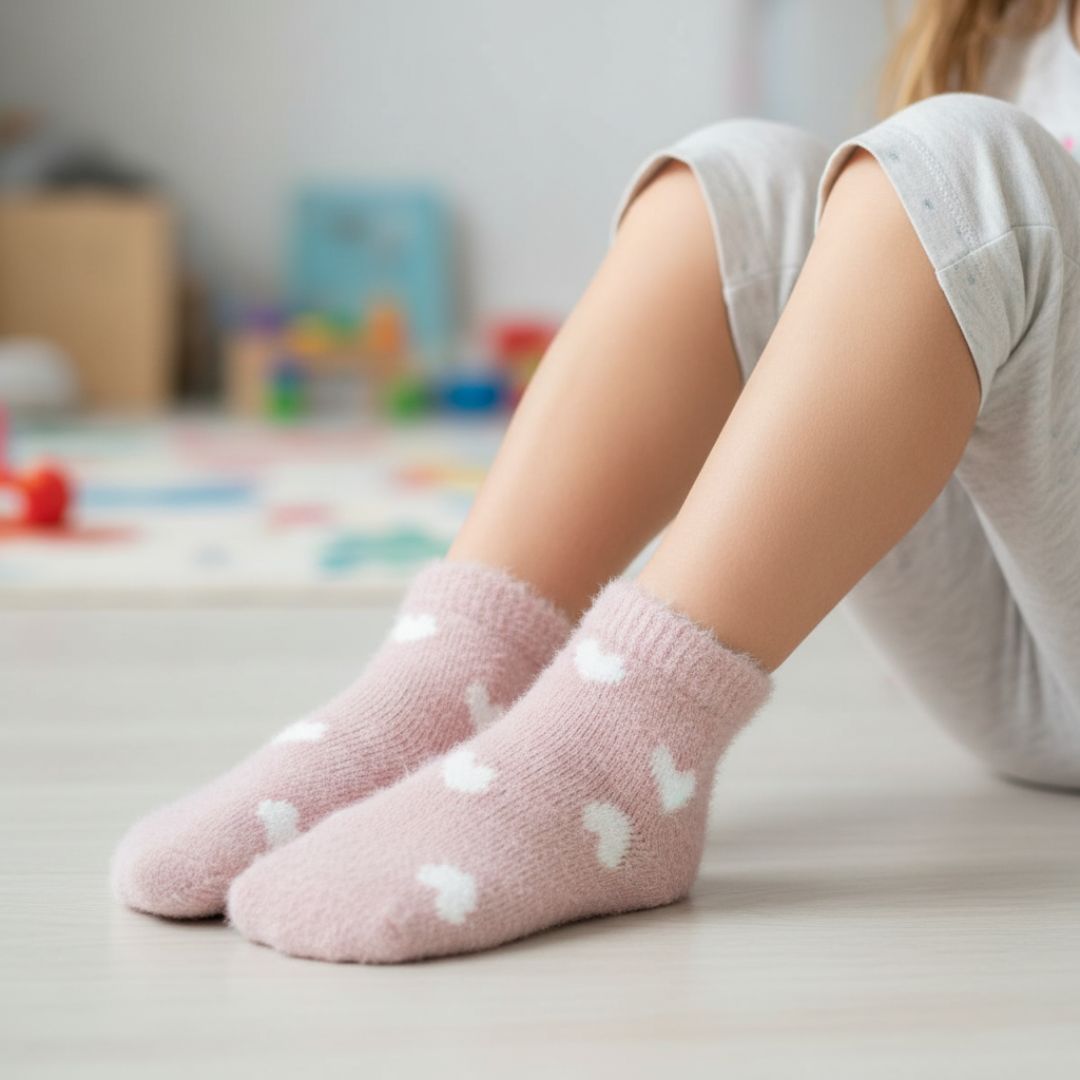 Pink Fuzzy Kids Socks | Ultra Soft Ankle Socks with White Hearts