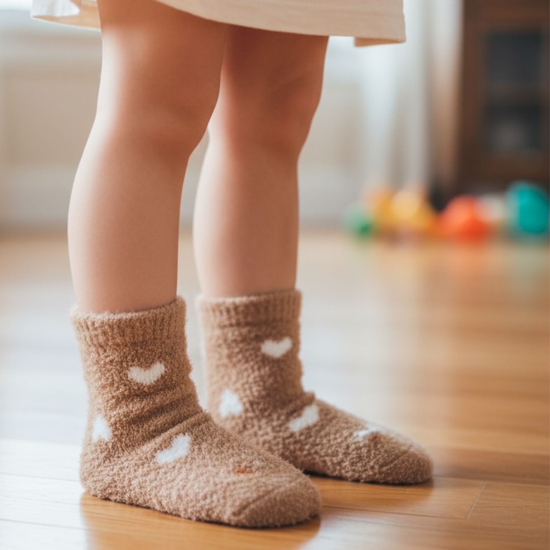 Tan Fuzzy Kids Socks | Ultra Soft Light Brown Heart Crew Socks