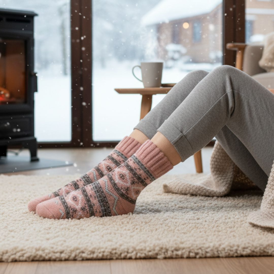 Cozy Fair Isle Winter Women Socks | Thick Knit Pink & Grey Thermal Lounge Socks