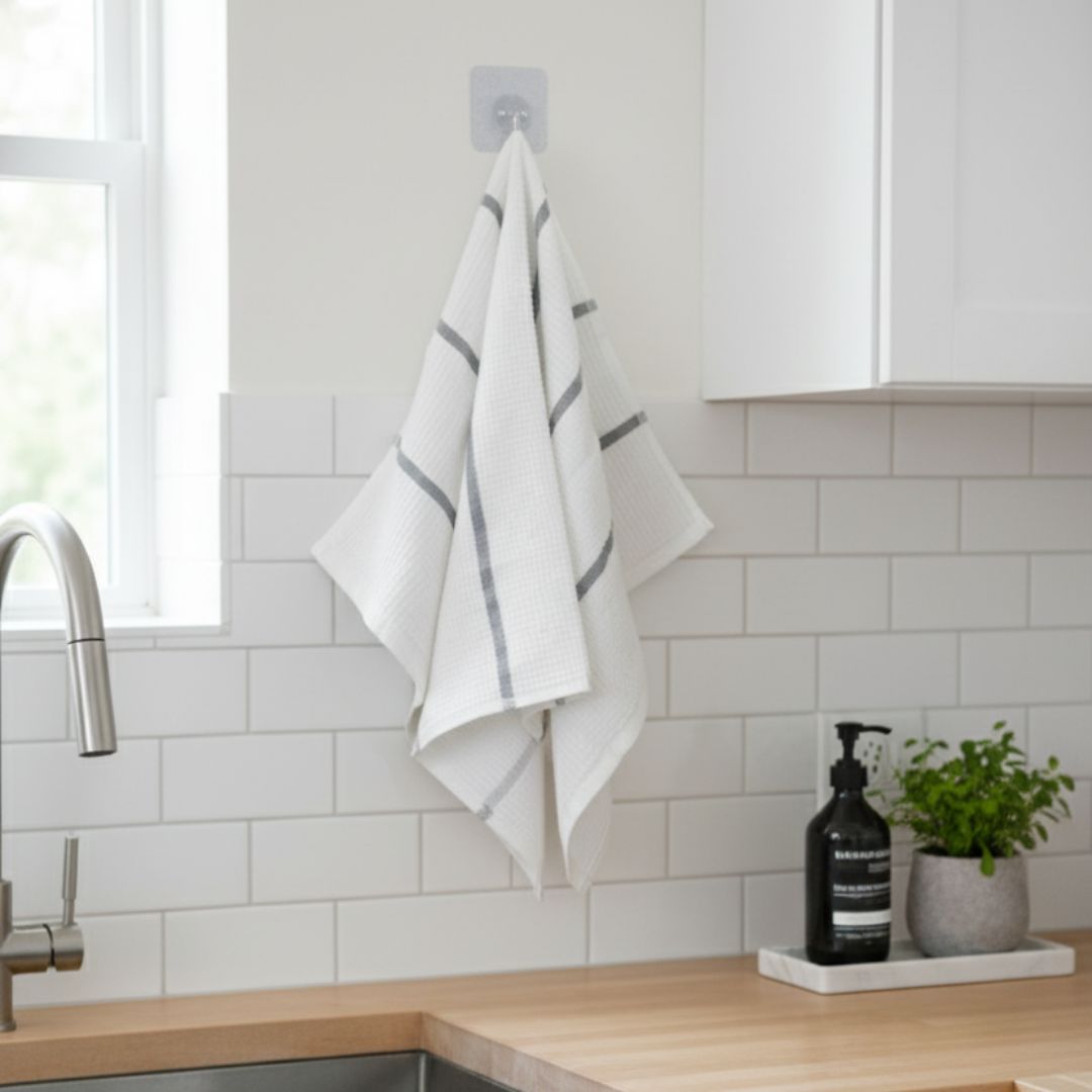 Highly Absorbent White Waffle Kitchen Hand Towel with Grey Stripe Detail – Quick Drying & Stylish