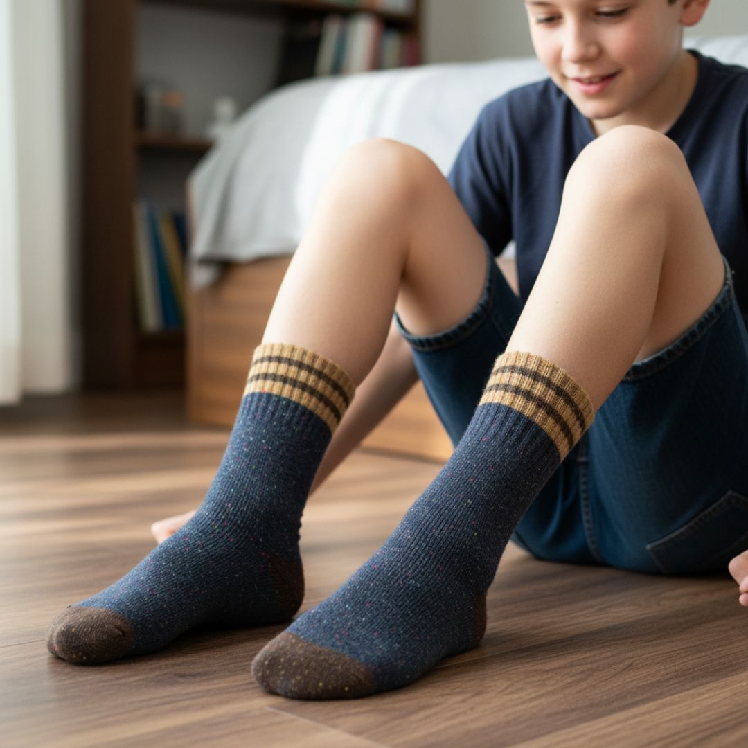 Heavy Thermal Speckle Knit Kids Winter Socks | Navy Striped Boot Socks