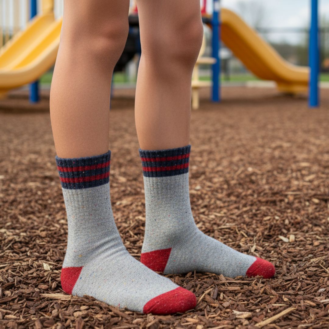 Durable Speckle Knit Kids Socks | Athletic Grey, Navy & Red Playground Socks