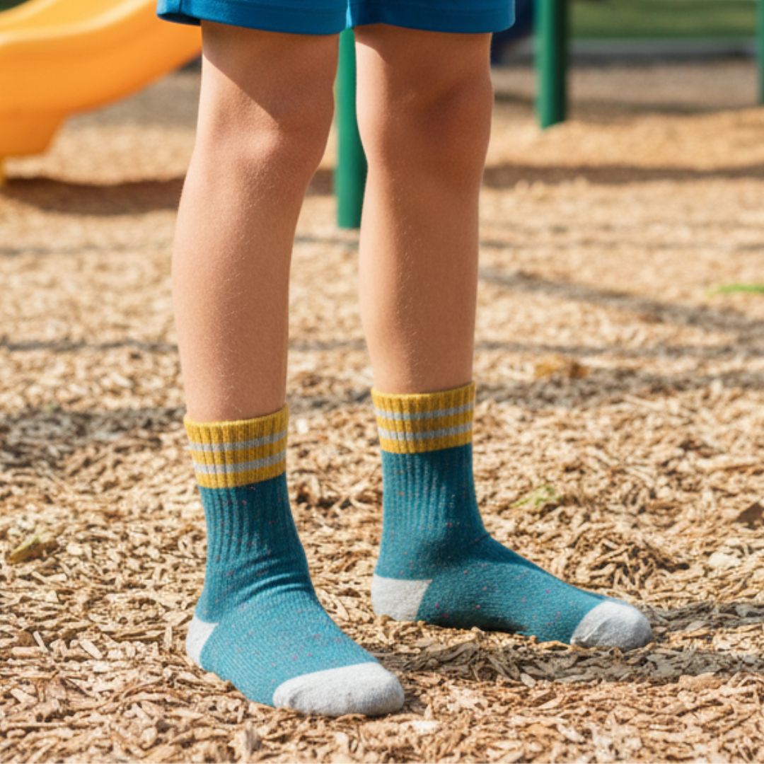 Speckled Teal Kids Socks | Mustard & Grey Striped Athletic Crew Socks