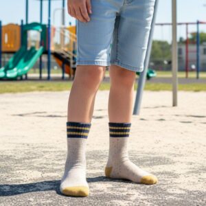 Speckled Beige Kids Socks | Durable Gold & Navy Striped Athletic Crew Socks