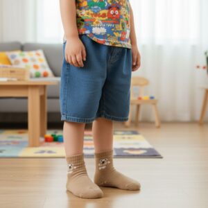 Soft Teddy Bear Kids Ankle Socks | Neutral Beige Cozy Short Socks