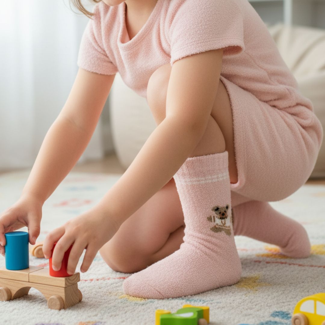 Soft Blush Pink Fuzzy Kids Socks | Teddy Bear Ankle Lounging Socks