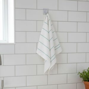 Absorbent White Cotton Kitchen Towel with Crisp Teal/Aqua Pinstripes