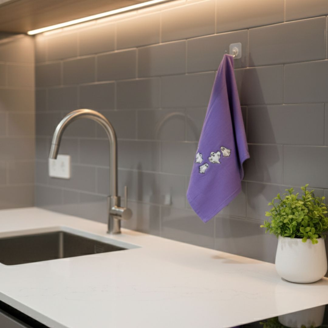 Purple Cotton Kitchen Towel with Cute Ghost Embroidery – Soft & Absorbent Kitchen Towel