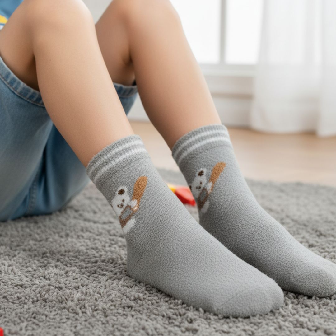 Ultra-Soft Fuzzy Grey Kids Crew Socks with Sweet Koala/Bear Design