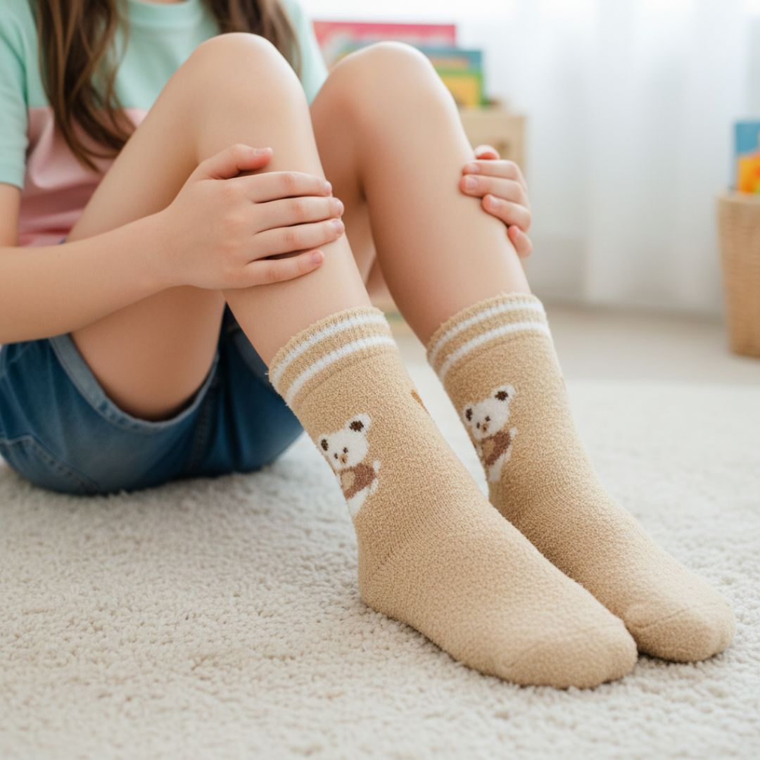 Ultra-Soft Fuzzy Beige/Tan Kids Crew Socks with Snuggle Bear Design