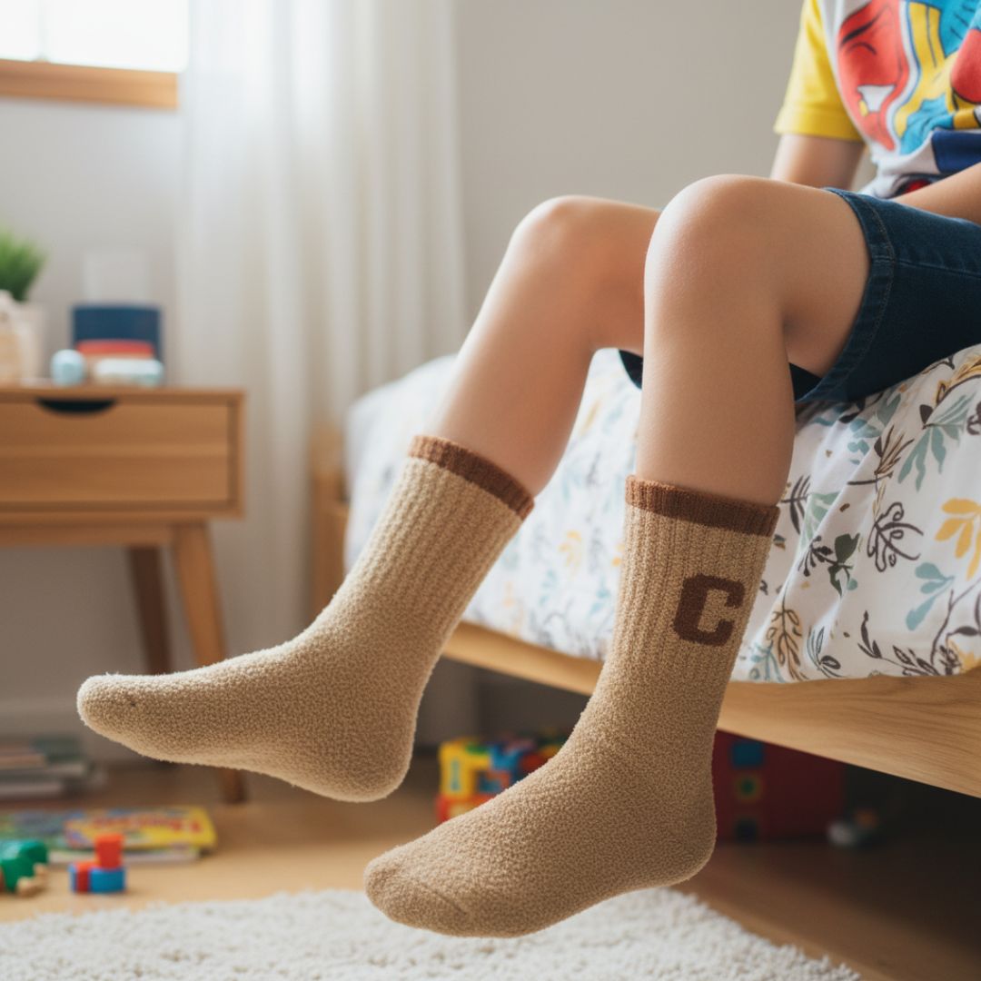 Ultra-Soft Fuzzy Khaki Crew Socks with Embroidered 'C' Logo