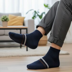 Men's Premium Navy Blue Ankle Woolen Socks with Contrast Triple Stripe