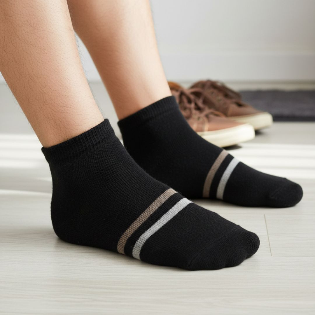 Men's Premium Black Ankle Woolen Socks with Contrast Double Sport Stripe