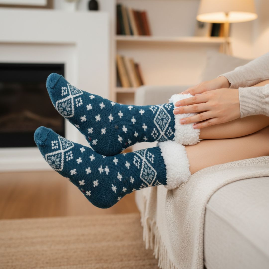 Ultra-Warm Blue Nordic Pattern Fleece-Lined Slipper Socks