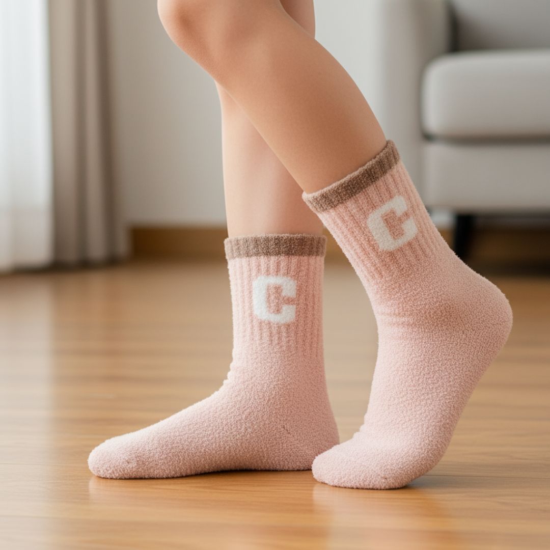 Ultra-Soft Blush Pink Fuzzy Kids Crew Socks with Initial 'C' Logo