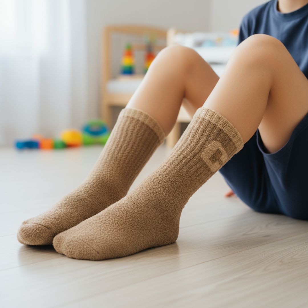 Ultra-Soft Warm Brown Fuzzy Kids Crew Socks with Initial 'C' Logo