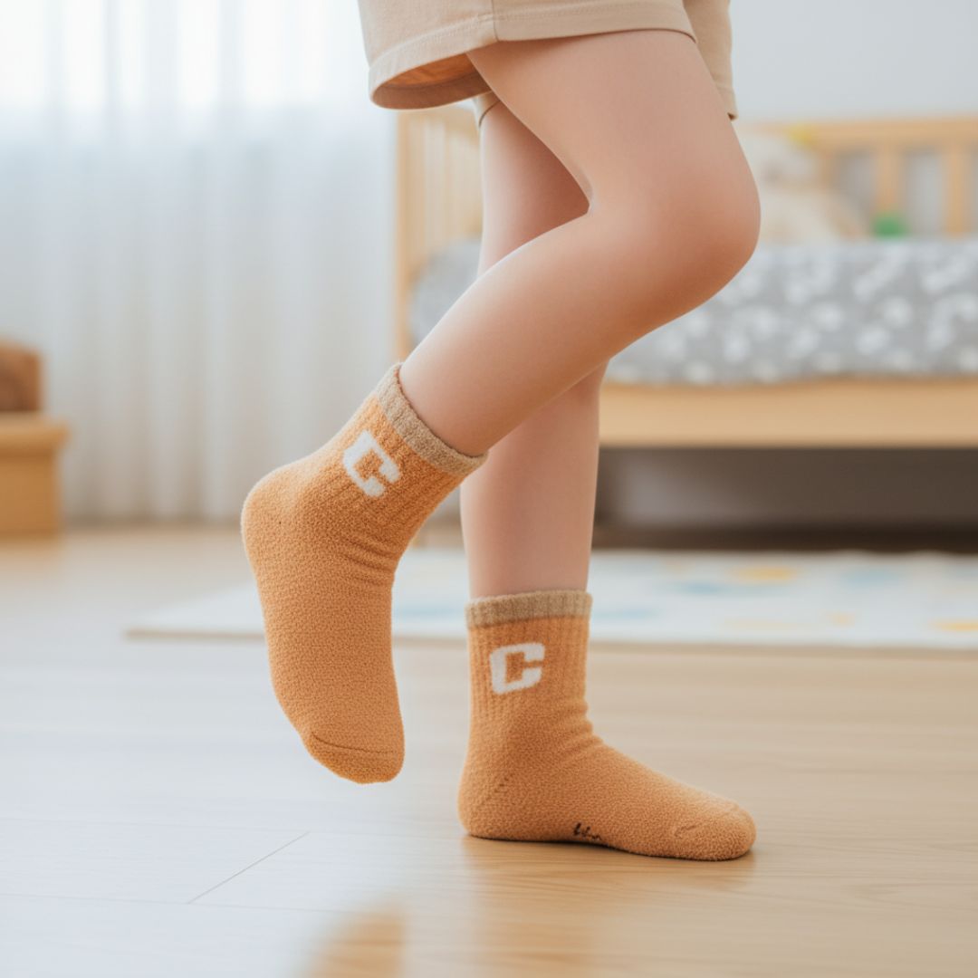 Ultra-Soft Mustard Yellow Fuzzy Kids Crew Socks with Initial 'C' Logo