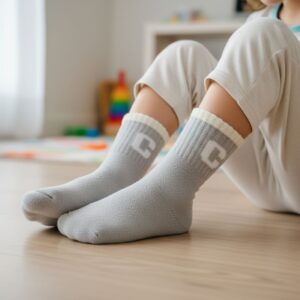 Ultra-Soft Light Grey Fuzzy Kids Crew Socks with Initial 'C' Logo