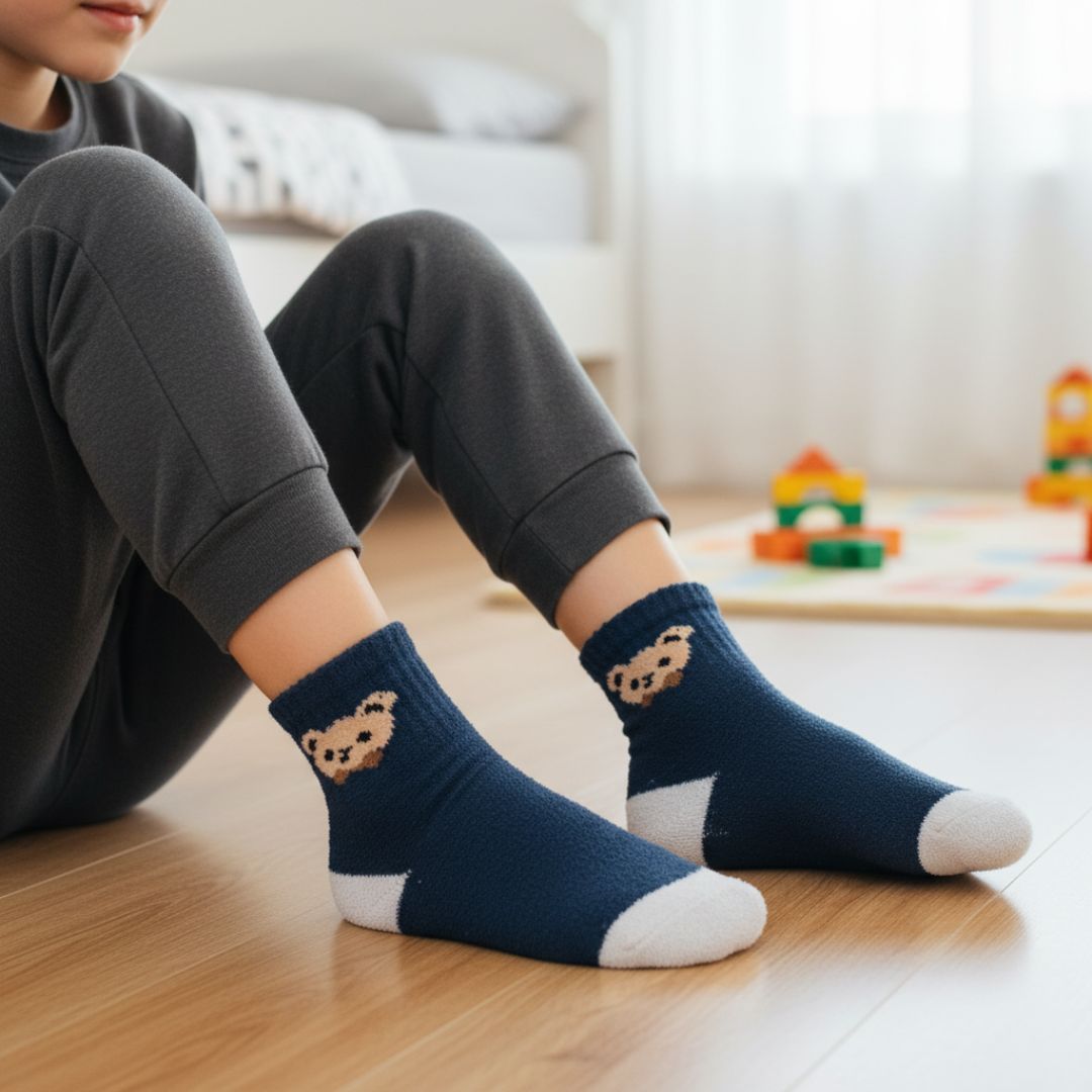 Kids' Breathable Navy Blue Ankle Socks with Contrast Toe and Bear Appliqué
