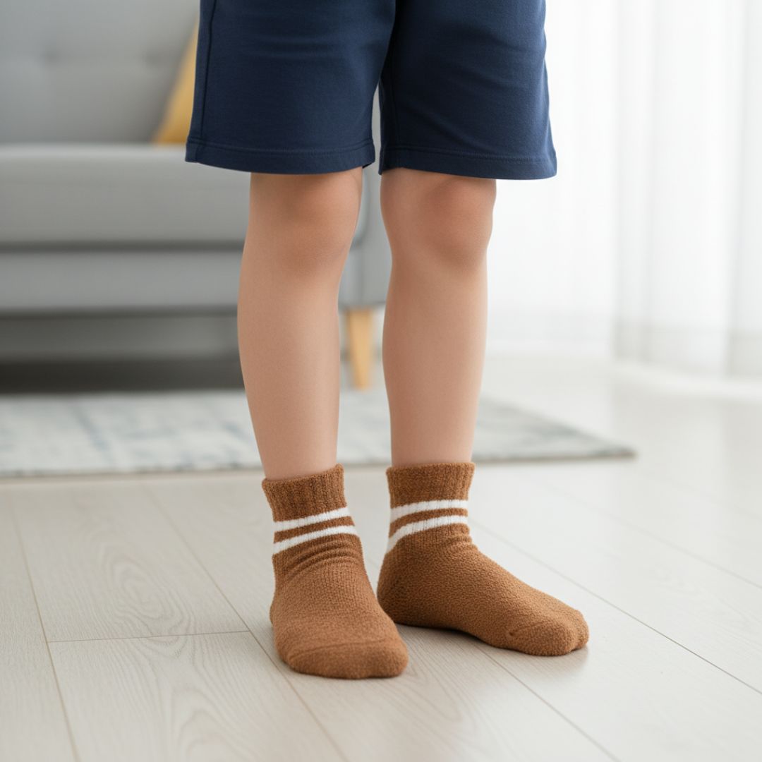 Kids' Super-Soft Fuzzy Thermal Ankle Socks | Brown & White Stripe