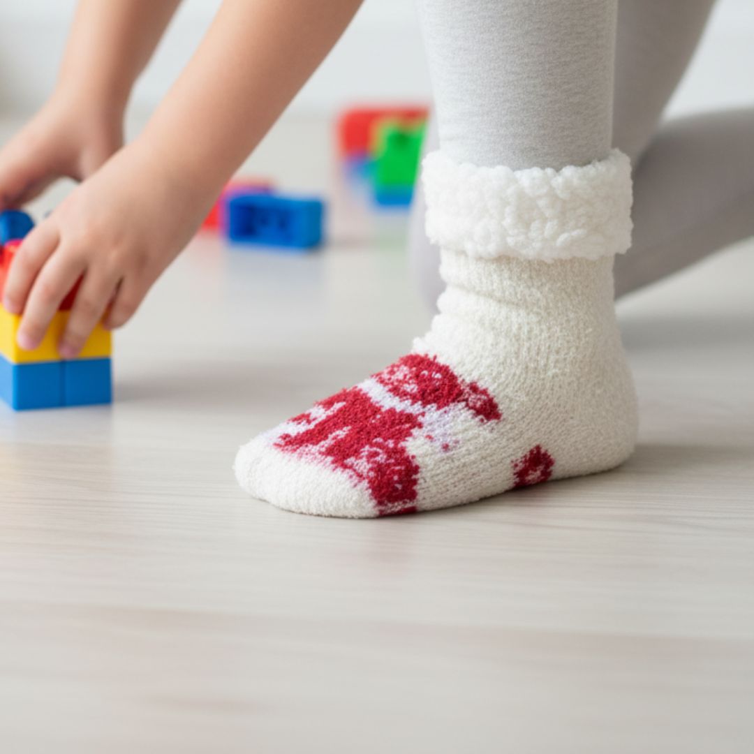 Ultra-Soft Plush Fleece Kids' Cozy Socks with Festive Red Motif and Sherpa Cuff – Perfect for Indoor Play