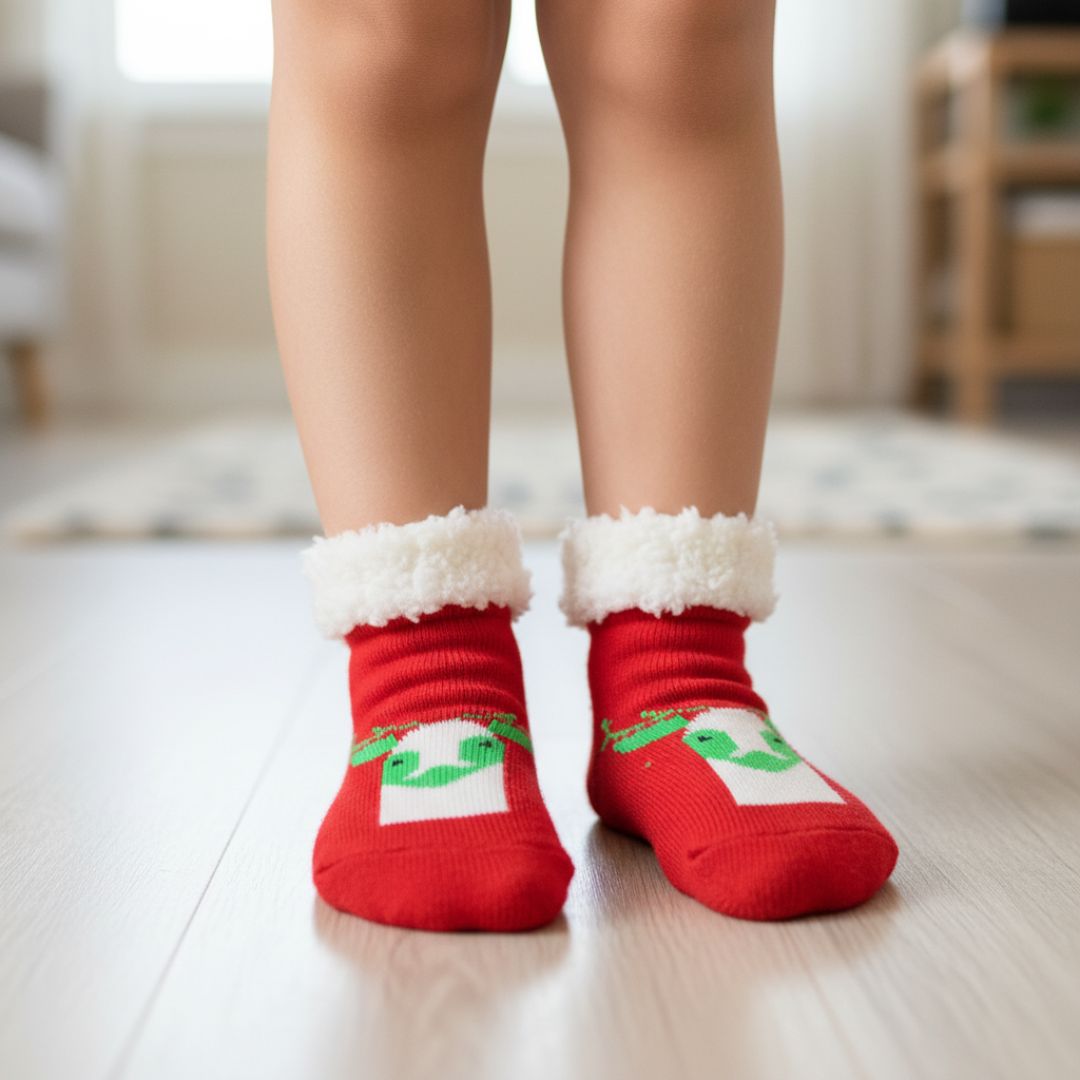 Ultra-Soft Plush Fleece Kids' Cozy Socks in Red with Fun Character Motif and Sherpa Cuff – Ideal for Winter Holidays