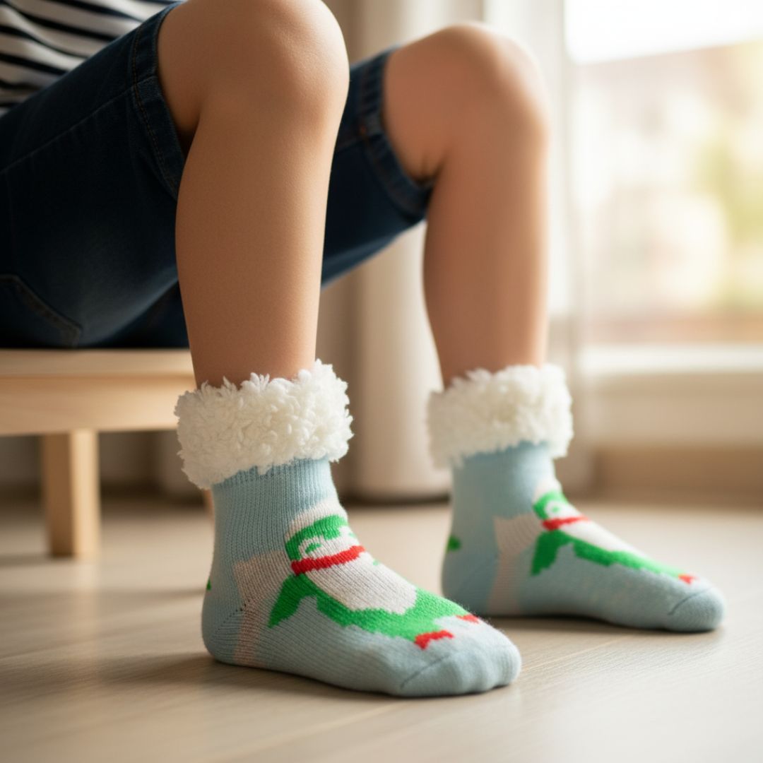 Ultra-Soft Plush Fleece Kids' Cozy Socks in Light Blue with Festive Character Motif and Sherpa Cuff
